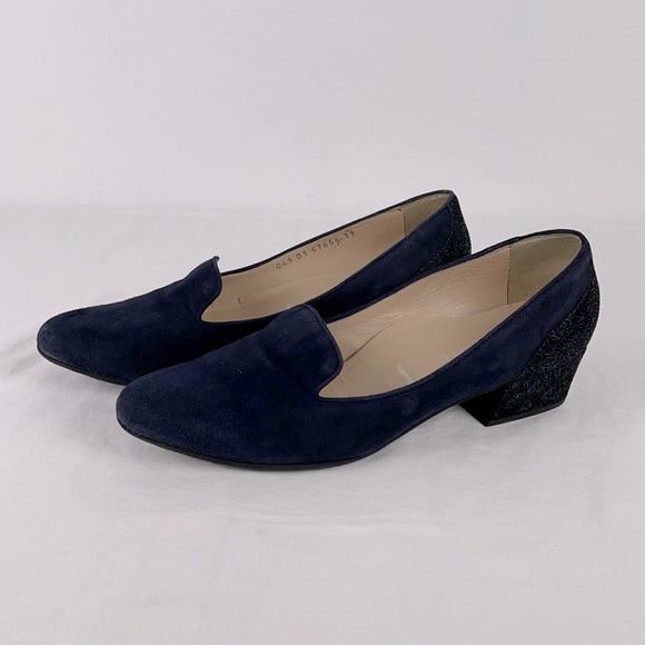 Ron White Blue Suede Shimmer Heel Loafer